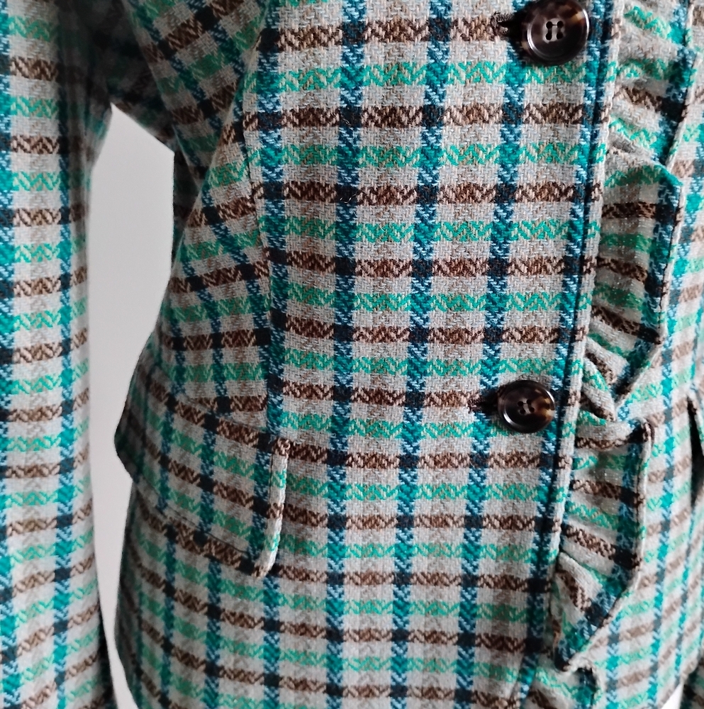 Talbots 100% Wool Ruffle Plaid Jacket Blazer Turquoise Blue Brown Classic Sz 12 - Picture 9 of 16